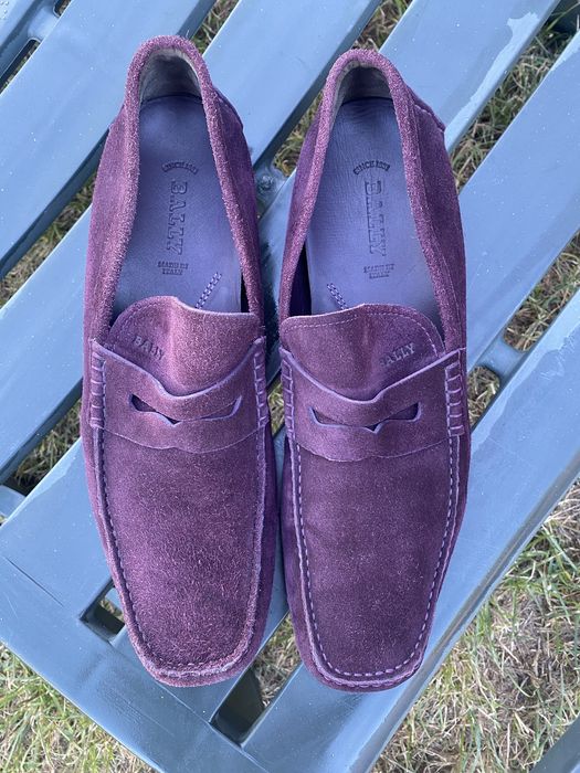 Mocasini lux BALLY bărbați piele întoarsă prună cu/burgundy – Mărimea 45 (31 cm)
