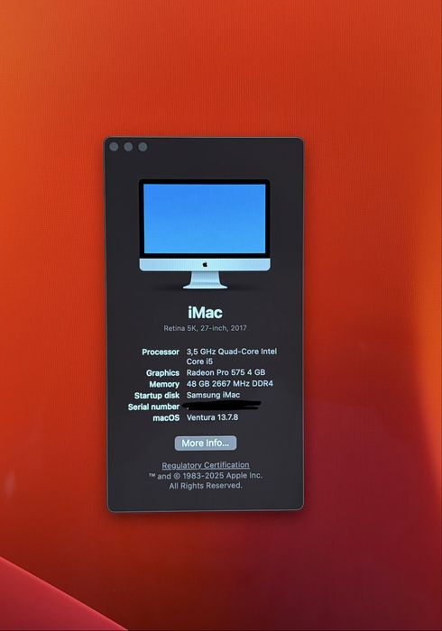 Apple iMac 27 2017 3.5 GHz Intel Core i5 48GB RAM 2667MHz Radeon Pro 575 4GB