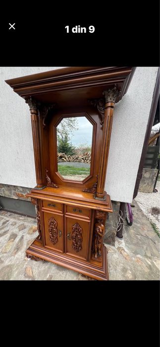 Consola hol dulap cu statuiete cu oglinda lemn sculptat !