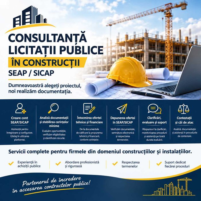 Consultanță licitații SEAP/SICAP – Construcții, instalații, lucrări publice