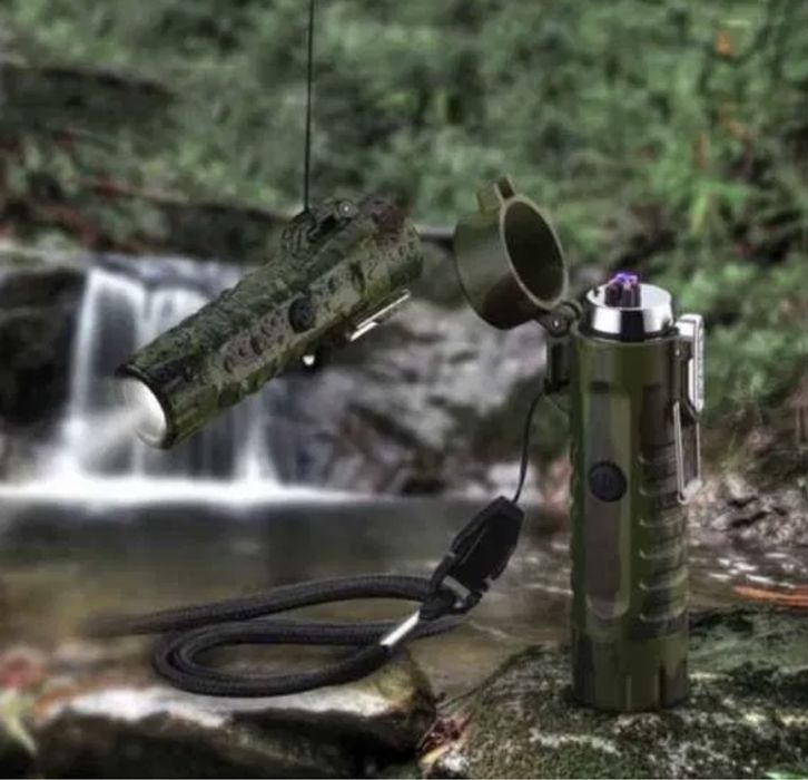 Плазмена запалка водоустойчива с фенер и компас тактическа туризъм лов