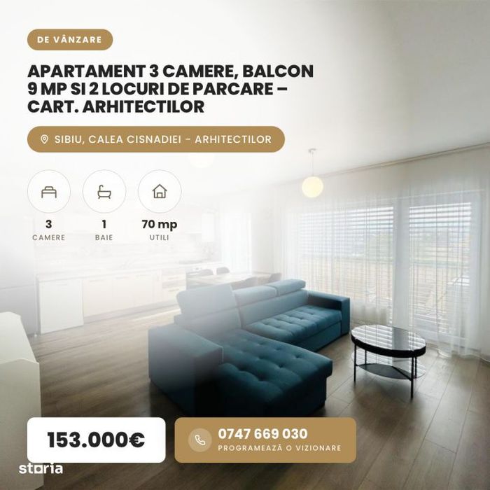 Apartament 3 camere, balcon 9 mp si 2 locuri de parcare – Cart. Arhi