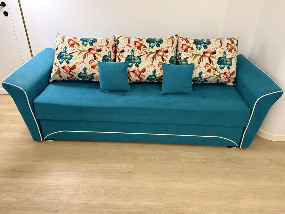 Canapea extensibilă turcoaz 3 locuri cu ladă depozitare