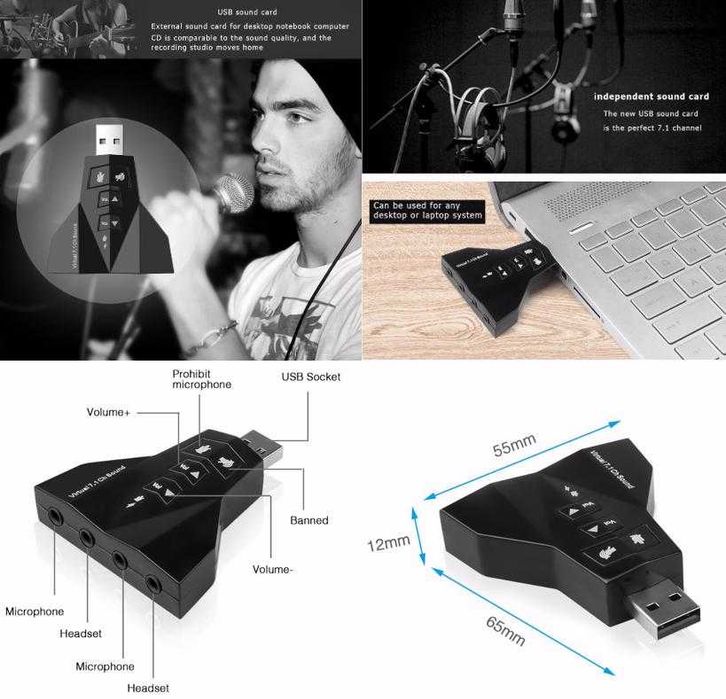 Преносима Звукова Карта Двоен Аудио Адаптер за USB порт 3D Virtual7.1 Канала Външна Музикална Карта за Компютър Лаптоп 3.5mm Жак Вход за 2х Микрофона