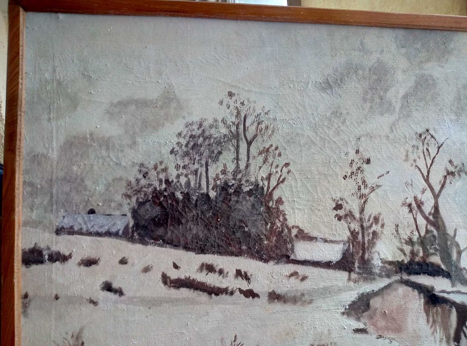 Стара Авторска Българска МАСЛЕНА КАРТИНА Зимен Пейзаж 80/50см