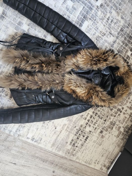 Дамско яке естествена кожа и естествен пух