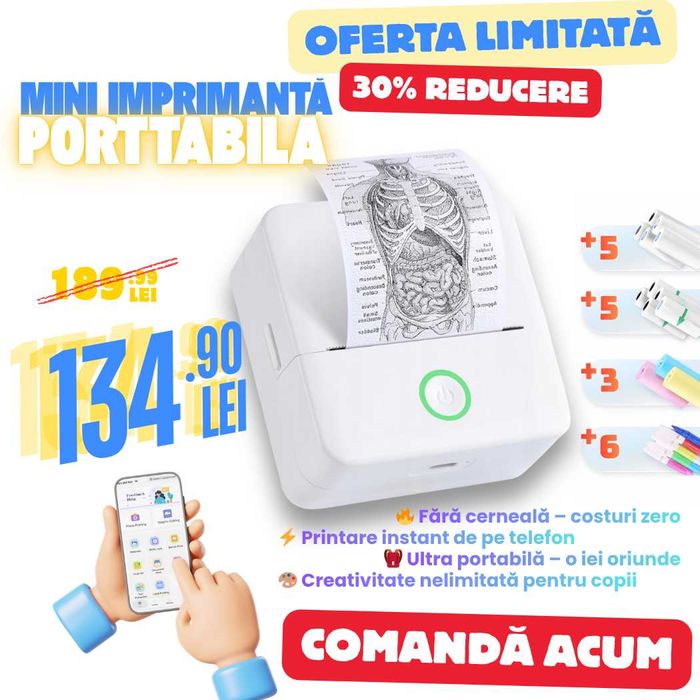 Imprimanta termica mini portabila Bluetooth 57mm, fara cerneala, imprimanta foto & etichete DIY pentru copii, aparat de buzunar cu aplicatie mobil