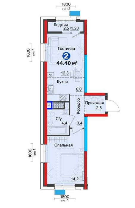 2 xona | 44 m² | Metro 2 daqiqa, Tayyor uy, Kalit bor (KS)