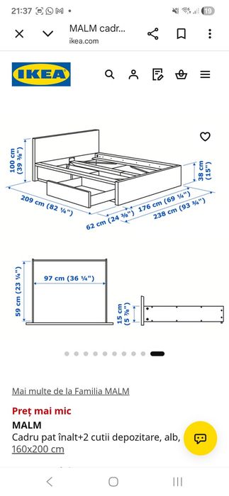 Pat Ikea MALM 160x200, 4 lazi depozitare + SALTEA Malvik