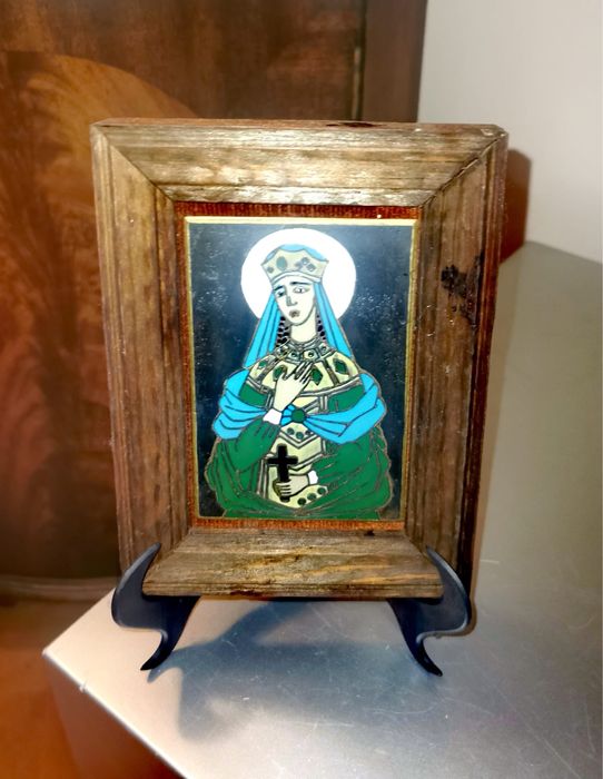 Антикварна икона емайлиран метал в дървена рамка ръчно изработена