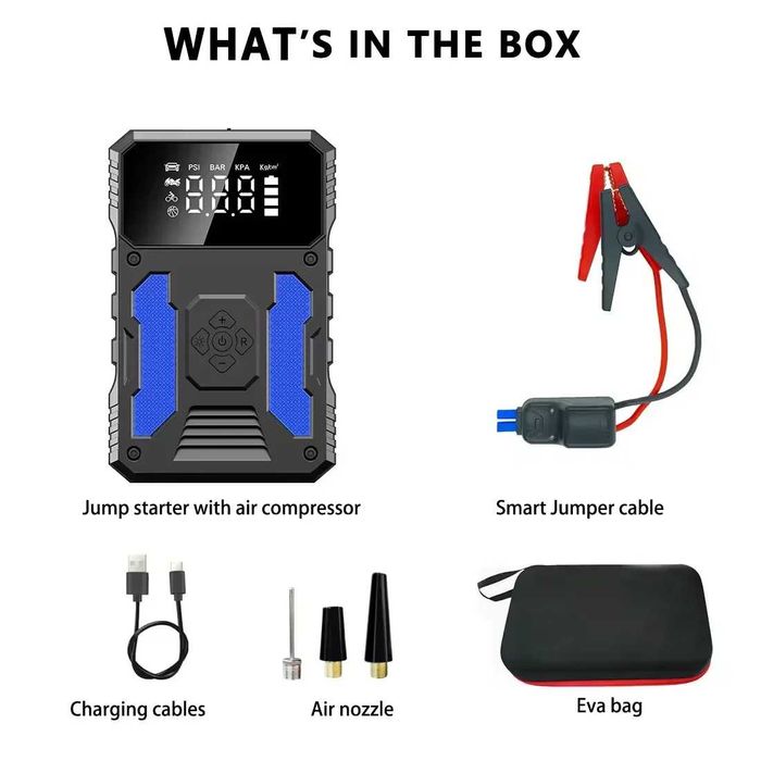 Мощен Джъмп Стартер 5000A , 37000mWh Компресор, Power Bank, Къмпинг.
