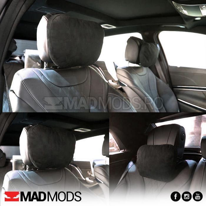 Pernute tetiera auto, reglabile, alcantara, negre, cu scai, Universale