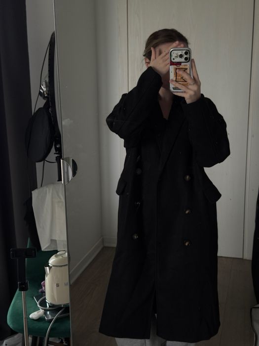 Palton negru oversized, double-breasted