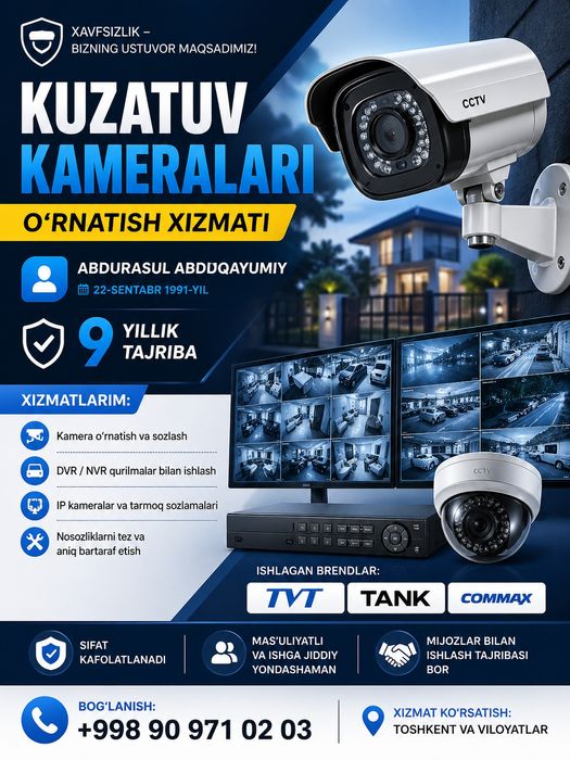 Kuzatuv kameralarni oʻrnatish xizmati.