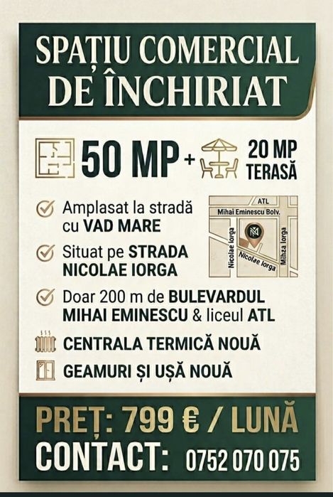 Spatiu Comercial Nicolae Iorga Stradal - 50mp + 20 mod - Curent  380 V