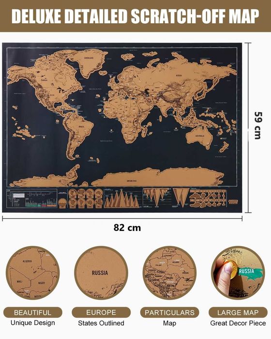 Harta lumii de razuit XXL pentru exploratori si calatori 82 x 59 cm