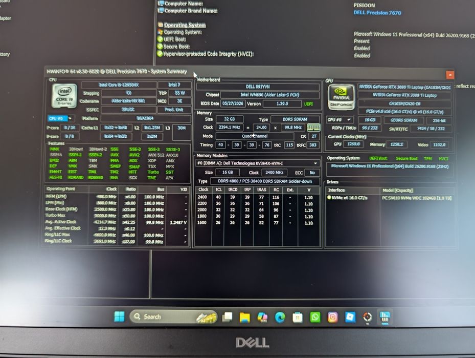 Laptop Dell gaming, proiectare etc, 7670,  32 GB DDR5 RTX 3080 TI 16 GB 1TB Nvme