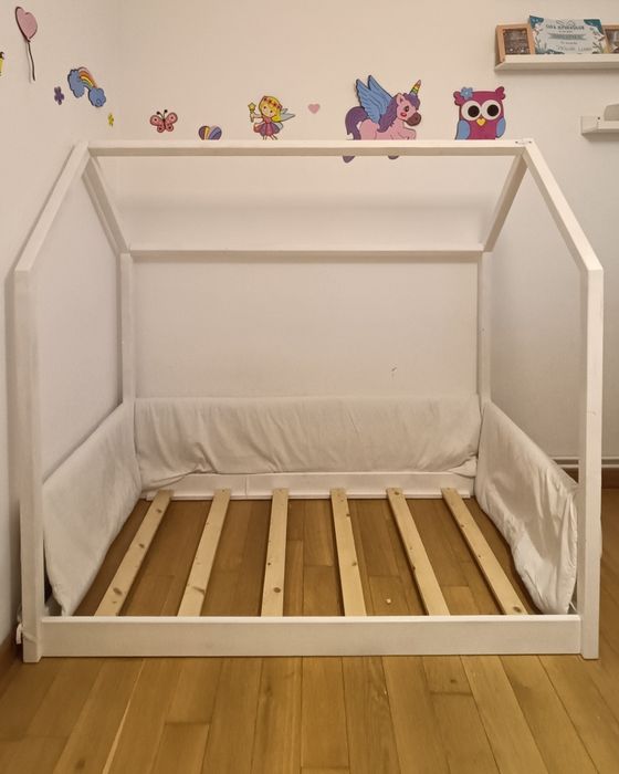 Pătuț Montessori tip căsuță + Saltea + Protecții Laterale