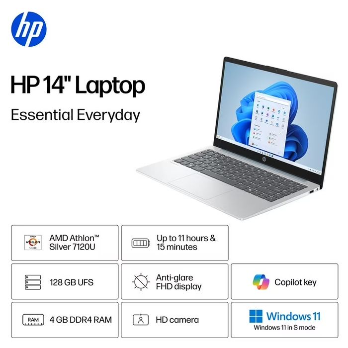 HP 14” HD intel N150 yoki AMD atlon 7120u 4GB/128GB  SSD