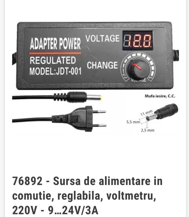 Sursa de alimentare in comutie, reglabila, voltmetru, 220V - 9…24V/3A