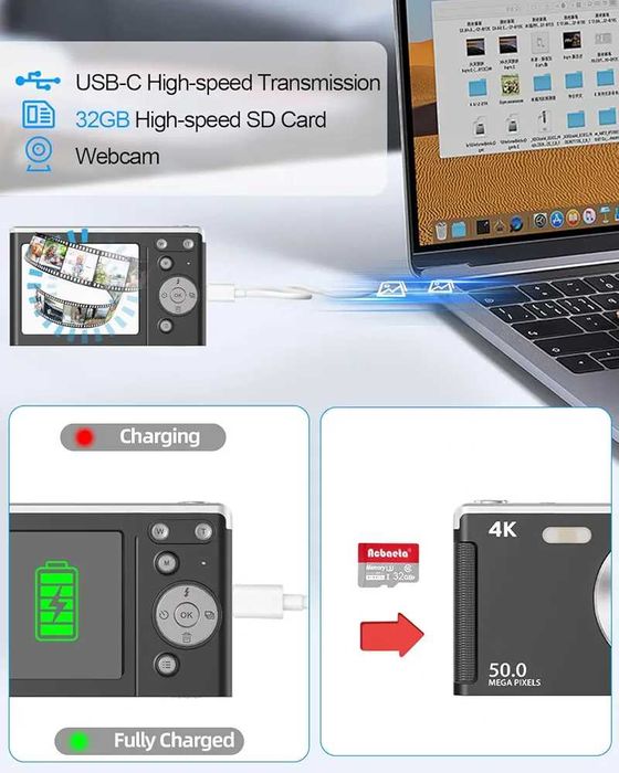 Чисто нов 4K 50MP фотоапарат Автофокус, 32GB карта, 2 батерии, черен..