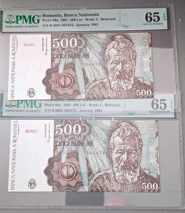Bancnote consecutive 500 lei 1991 ianuarie - gradate PMG 65 EPQ