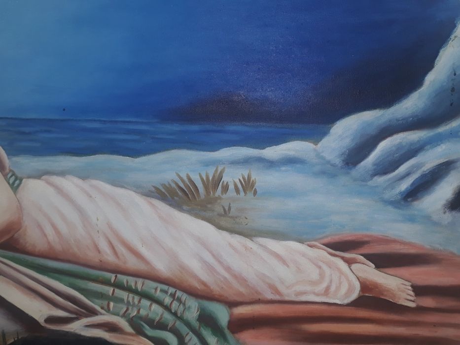 Pictură veche in ulei, pe panza, 92 cm