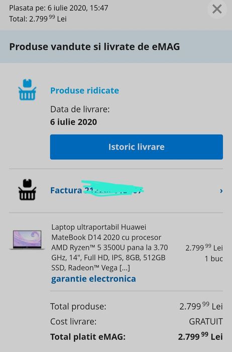Laptop Huawei MateBook D14, 512GB 
Are procesor AMD Ryzen 5, 8GB RAM și SSD de 5