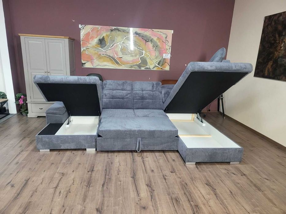 Сив П - образен ъглов диван от плат рипсено кадифе Nixon с функция сън