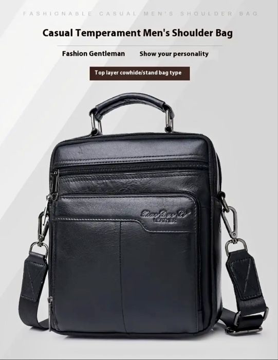 Мъжка елегантно/практична и голяма бизнес чанта/Черна естествена кожа