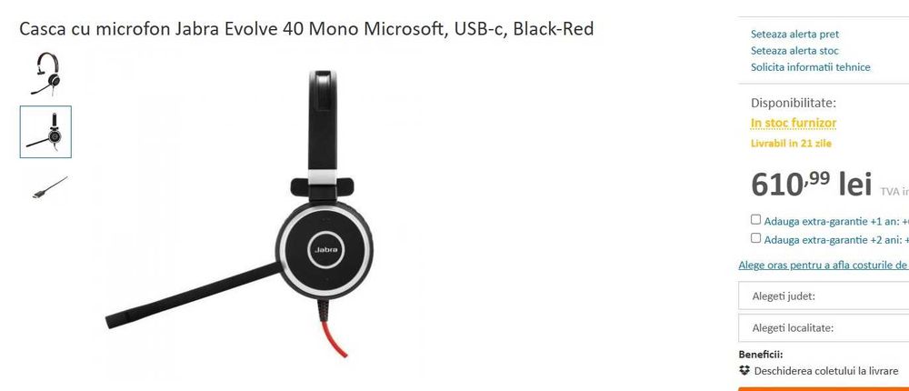 Casti cu microfon Jabra Evolve 40 Mono Microsoft, USB-c, Black-Red