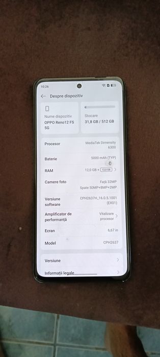 Oppo Reno 12 fs 5 G folosit dar in stare excelenta  ,vine însoțit de o folie noua , cutie cu cablul usb și husa