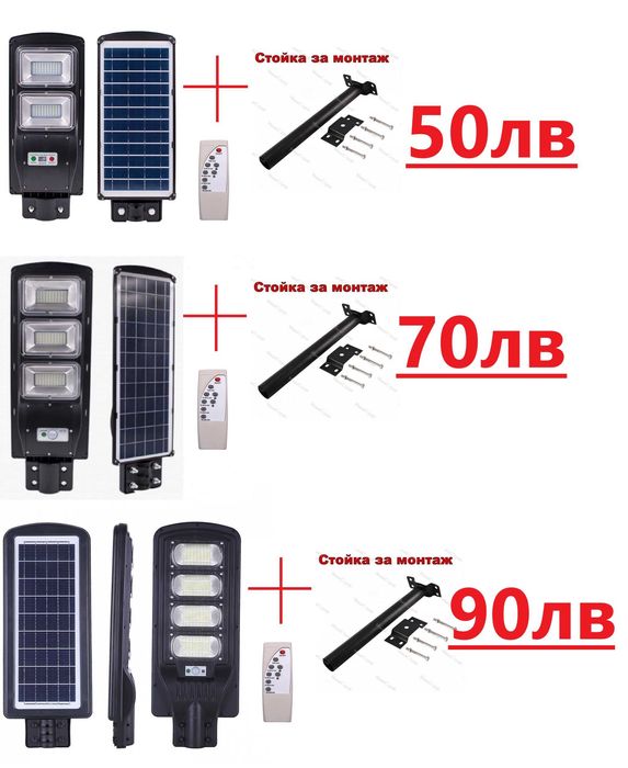 Външна соларна LED лампа 60W 90W 120W с дистанционно и датчик + стойка