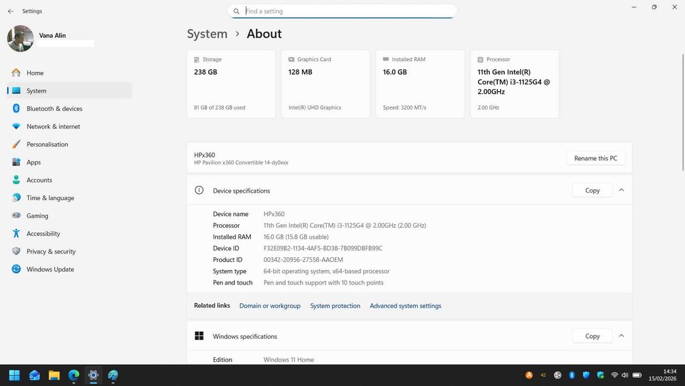 HP Pavilion X360 Convertible I3 gen 11 14'' FHD IPS 16GB Touchscreen
