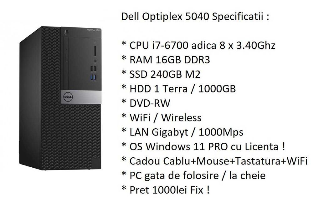 PC GAMING/WORK i7-6700/16GB DDR3/SSD240GB+HDD1TB/WiFi/W11 la 1000lei