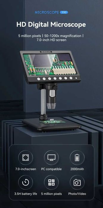 Дигитален Цифров микроскоп 50Х 1200Х Екран 7 инчов HD IPS със светлини