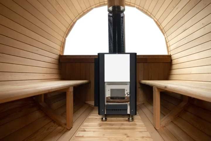 Saună exterioară, tip butoi, pin termotratat, 4-6 persoane cu sobă pe lemne și perete de sticlă