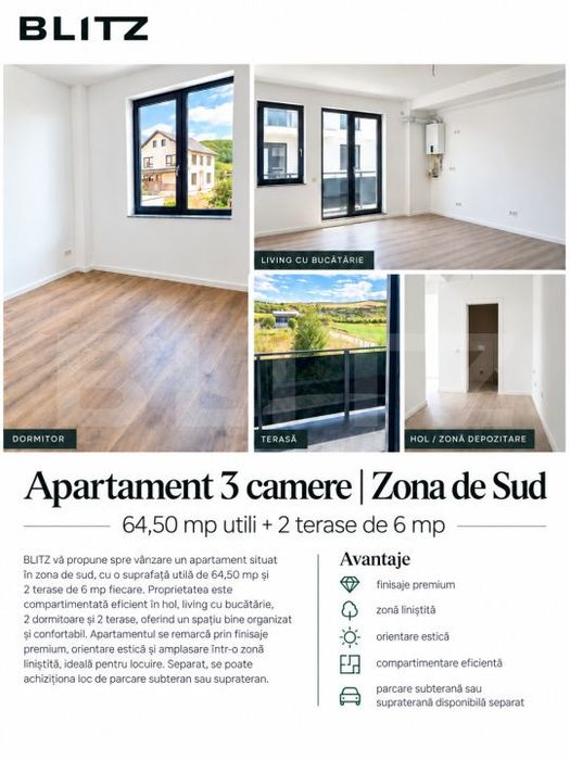 Apartament 3 camere, 64.50 mp + terasa, zona de Sud