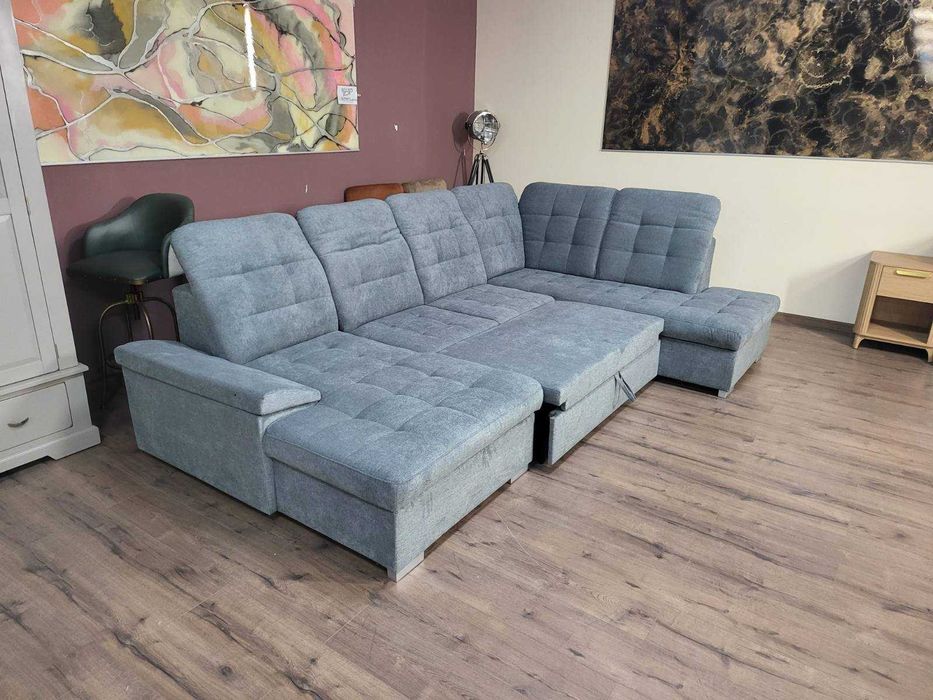 Светло сив П - образен ъглов диван Nixon с функция сън