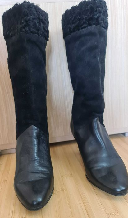 Cizme de damă - piele întoarsă + piele + blăniță