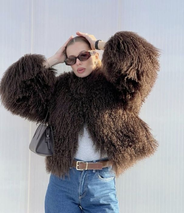 ново дамско палто с кафяв косъм