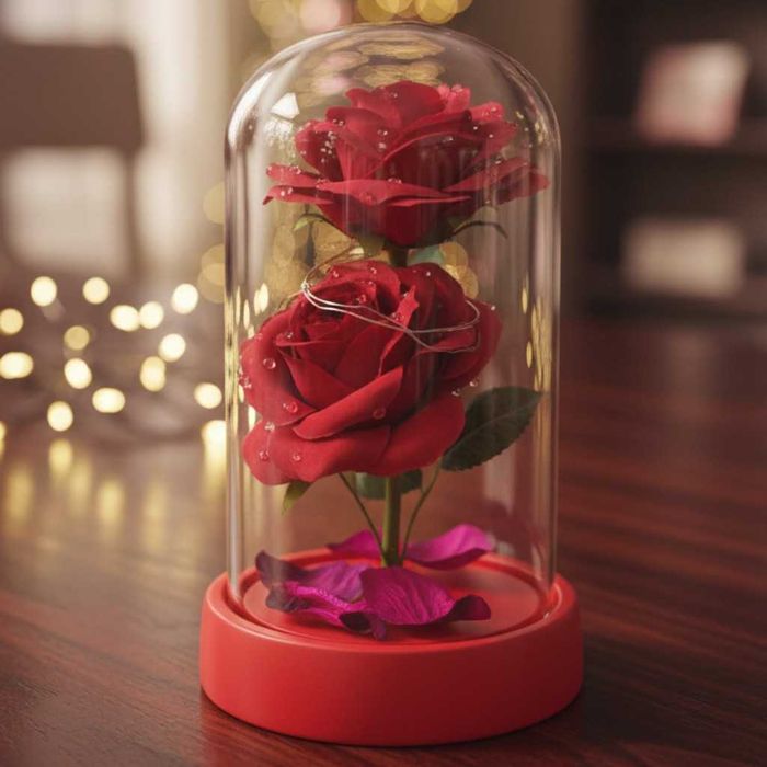 Декоративни рози в прозрачен купол и елегантна опаковка