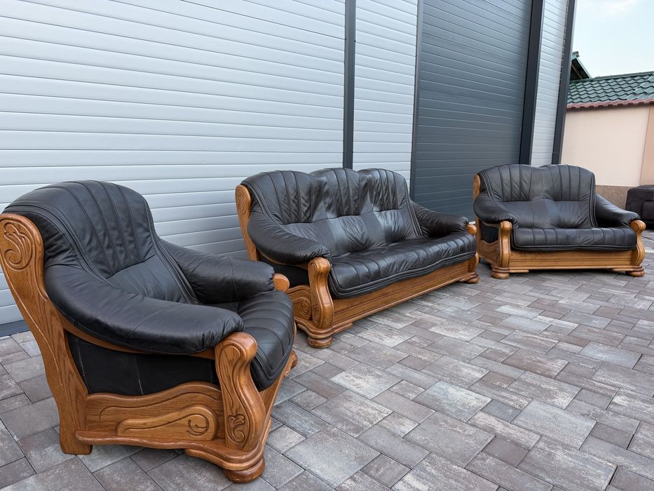 Set canapea canapele 3 - 2 - 1 - 1 Lemn Masiv + PIELE Naturala Rustic