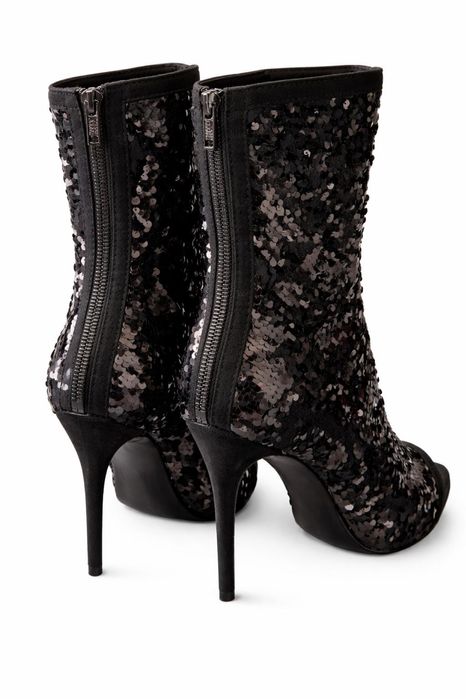 Botine negre piele si paiete, decupate in fata, pentru ocazii special