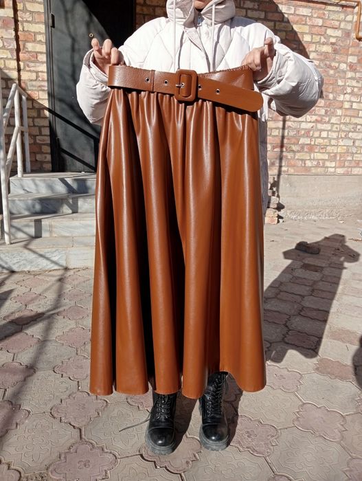 Юбка кожаная горчичный цвет
