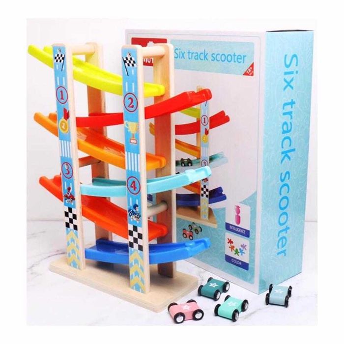 Pista cu 4  masinute, KOMAZI®, traseu cu 6 rampe, multicolor