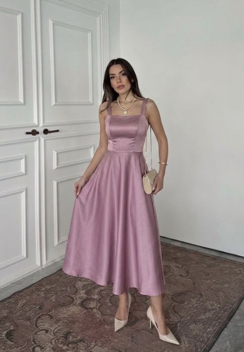 Элегантное атласное платье миди / Вечернее платье (Blossom Pink)