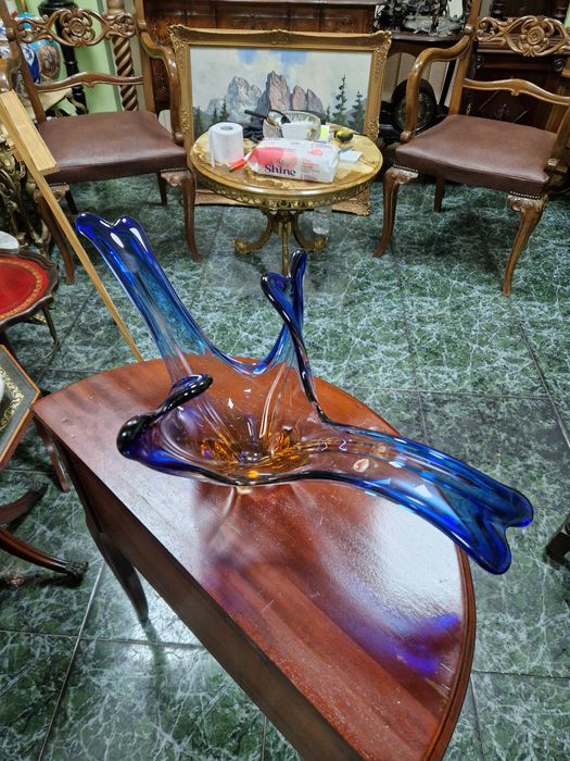 Уникална голяма антикварна италианска кристална фруктиера Мурано