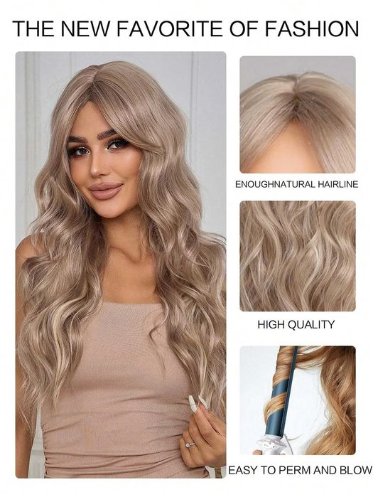 Пепелно руса вълнообразна синтетична перука с дълъг бретон