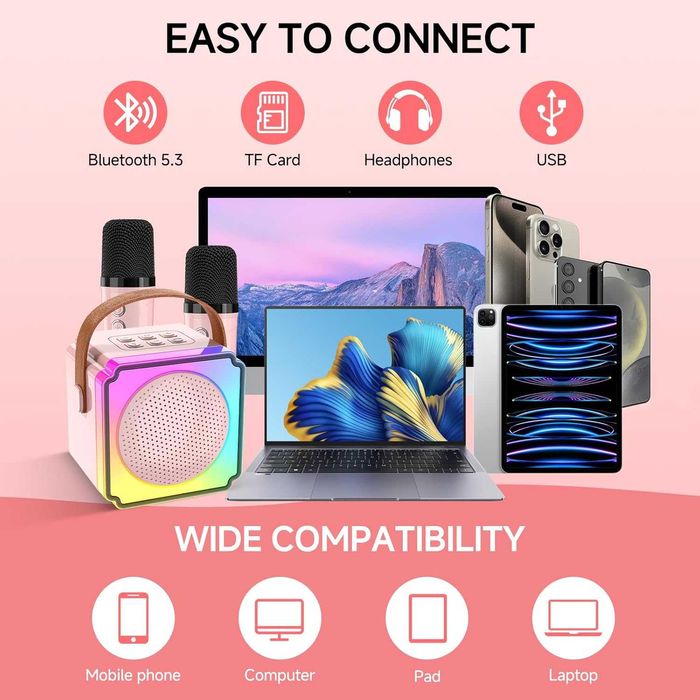 Мини караоке комплект – колонка с LED светлини + 2 безжични микрофона